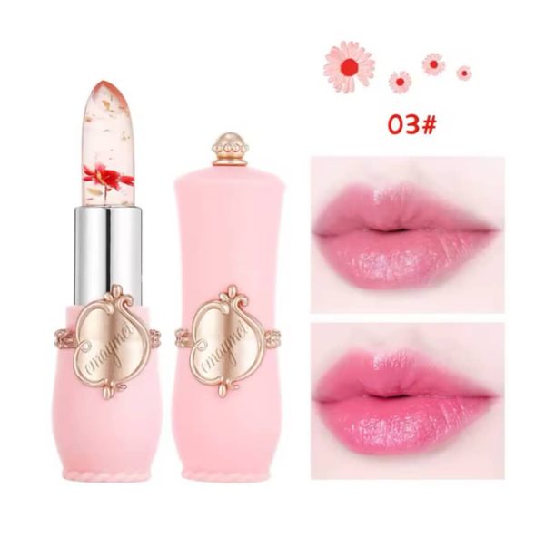 Transparent jelly lipstick with real flowers and gold flakes, featuring a color-changing, moisturizing formula.